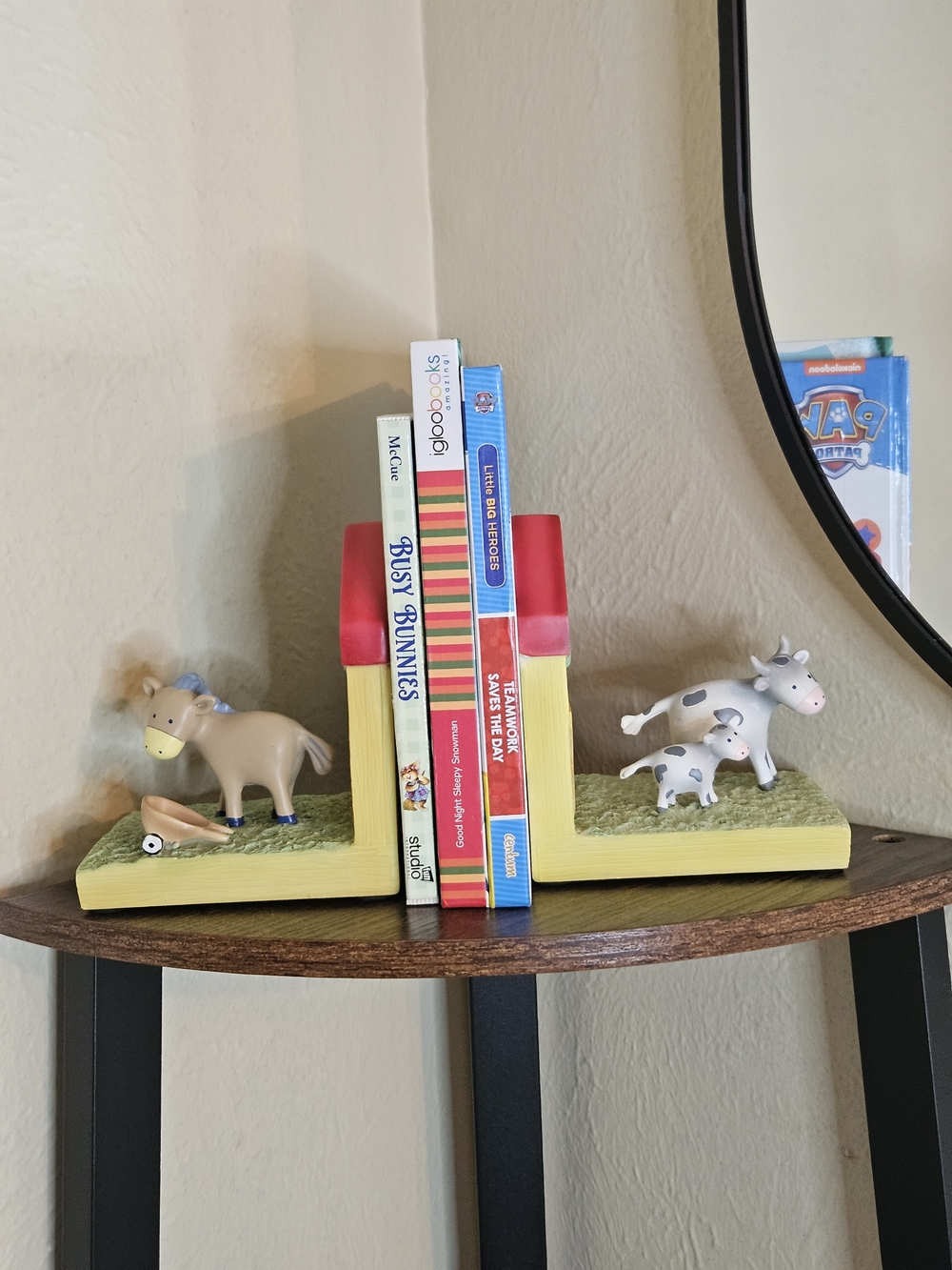 Farm Animal Ceramic Bookends Kids Nursery with Yellow Base and Red Roof Accents